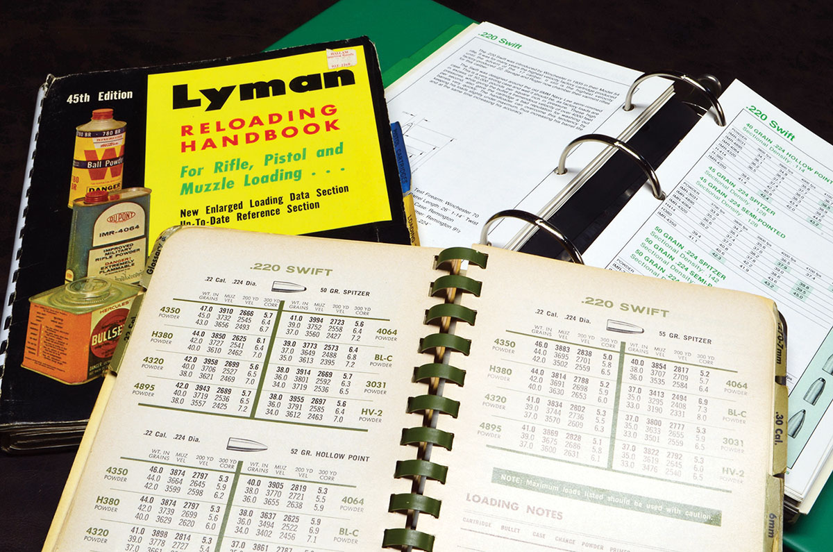 Data in old manuals going back 50 years or more lists a wide range of loads that were considered safe, at least back then, in the test rifles used. They should be approached with caution, but can deliver fine results. These are Lyman Reloading Handbook 45th Edition (1970), Sierra Bullets Reloading Manual Second Edition (1985) and Speer Manual for Reloading Ammunition Number 7 (1966).